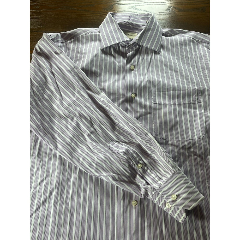 TOMMY BAHAMA MENS 15.5 32/33 Purple And White Striped DRESS SHIRT